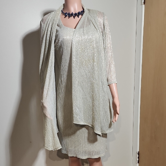 Elegant Silver Midi Dress with Shawl - Picture 2 of 14